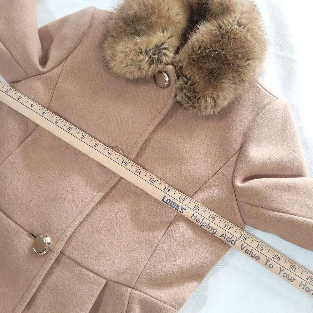 Faux Fur Wool Pea coat Kate Spade‎ XS Tan Pink Satin Lined Preppy mod chic